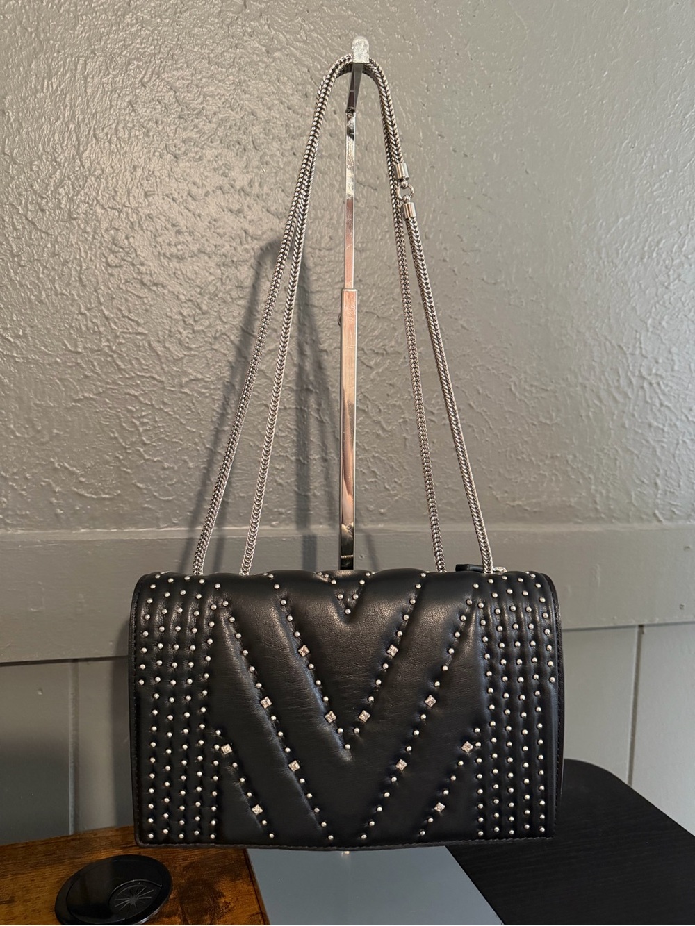 MCM Black Leather Studded with Swarovski Crystals Crossbody with Silver Chain - Picture 10 of 16